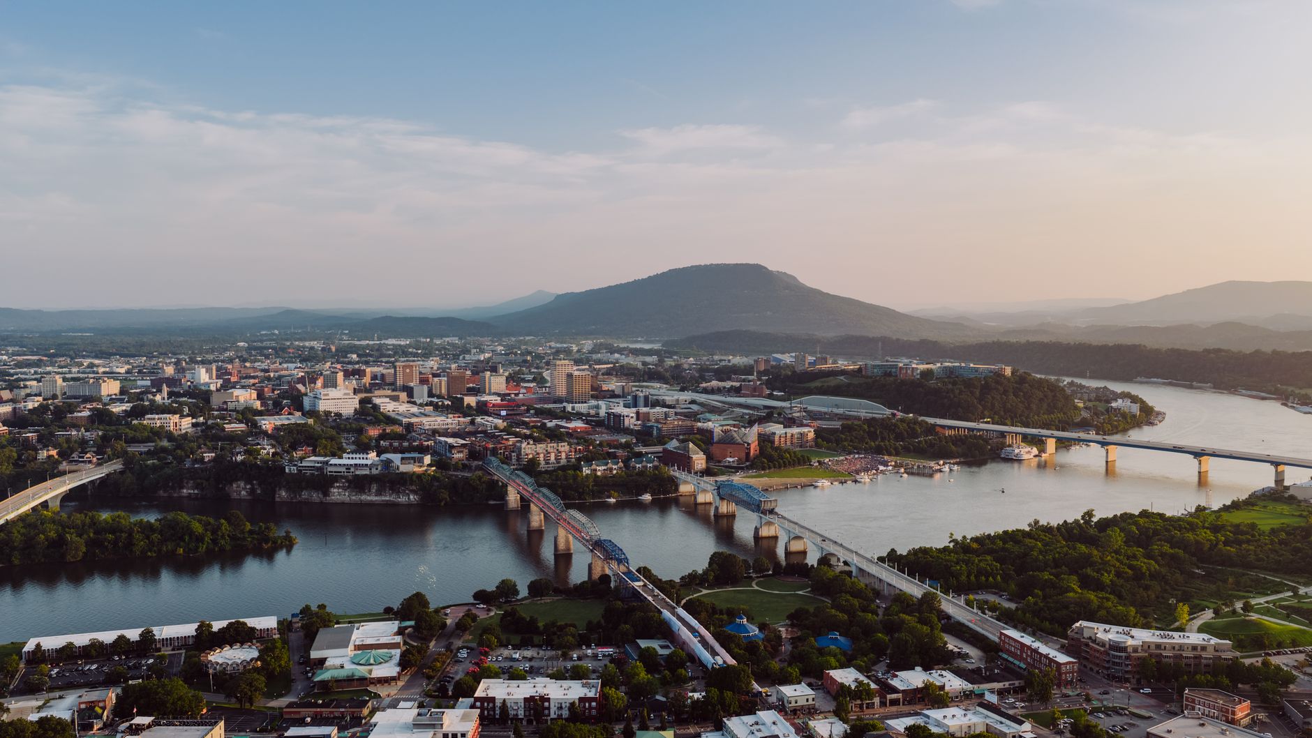 aerial view of chattanooga skyline at sunset